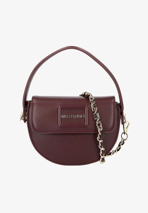 Burgundy leather handbag with a rounded shape, top handle, and detachable chain strap. Features gold-tone hardware and logo detail.
