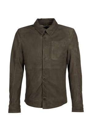 Dunkelgrüne, gewachste Baumwolljacke mit einem spitz zulaufenden Kragen, vorderen Knöpfen und einer einzelnen Brusttasche. Glatte Textur, lässiges Design.