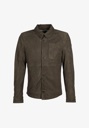 Dunkelgrüne, gewachste Baumwolljacke mit einem spitz zulaufenden Kragen, vorderen Knöpfen und einer einzelnen Brusttasche. Glatte Textur, lässiges Design.