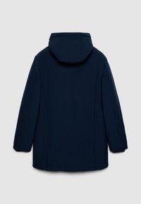 Cappotto con cappuccio blu navy, caratterizzato da una texture liscia, maniche lunghe e un taglio dritto. La vista posteriore non mostra hardware o dettagli visibili.