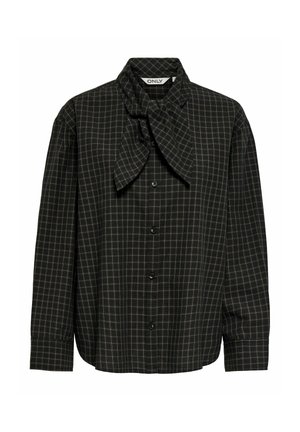 Chemise à carreaux noirs et gris à manches longues avec boutons, avec détail nœud au col et une étiquette de marque à l'intérieur du col indiquant "ONLY."