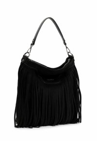 Borsa a tracolla in suede nero con dettagli in frange, parte superiore piatta e manico. Presenta una chiusura con zip e una finitura testurizzata.