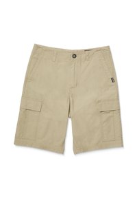 Pantalones cortos cargo beige hechos de una mezcla de algodón, que cuentan con dos bolsillos laterales, cierre de botón y un corte a la altura de la rodilla con un acabado ligeramente texturizado.