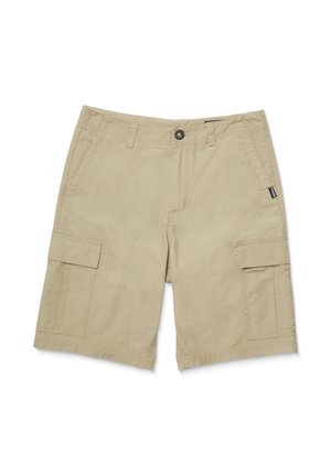 Beige Cargo-Shorts aus Baumwollmischung, ausgestattet mit zwei Seiten Taschen, einem Knopfverschluss und einem knielangen Schnitt mit leicht strukturierter Oberfläche.