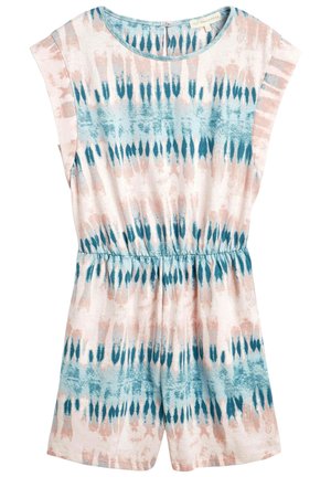Kombinezon bez rękawów z elastyczną talią, z wzorem tie-dye w kolorach niebieskim, różowym i białym.