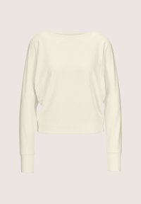 Witte cropped longsleeve top met diagonale ribbels, brede halslijn en aansluitende manchetten. Zachte stof met een ontspannen silhouet.