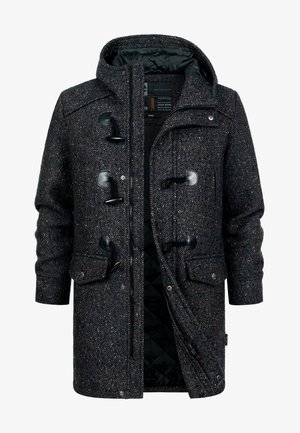 Mørk tweedjakke med et teksturert mønster, fronttoggles, hette og vattert svart fôr. Har sidelommer og glidelåslukking.