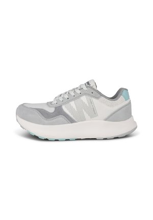 Light grey sneaker with suede and mesh materials. Features a white midsole, turquoise accents, lacing system, and textured rubber sole.
