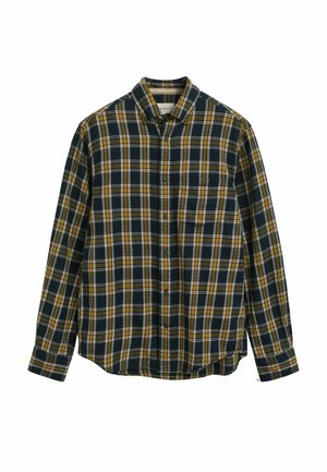 Camicia con bottoni in tessuto a quadri blu, giallo e bianco. Materiale in cotone, maniche lunghe, colletto e taschino sul lato sinistro.