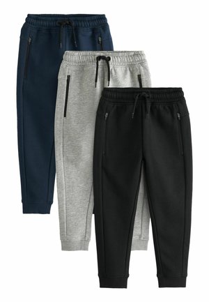 Drei Paare Jogginghosen in Marineblau, Grau und Schwarz. Mit elastischen Taillenbündchen, Kordelzügen und Reißverschlusstaschen an den Seiten. Weicher Stoff.
