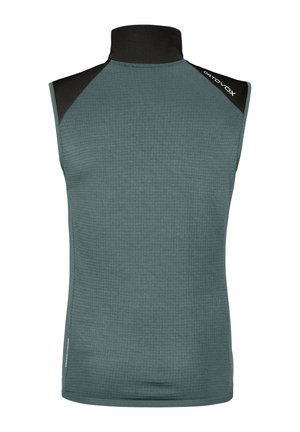 Sleeveless teal top with a high collar, made of textured fabric, featuring black shoulder accents and a logo on the right shoulder.