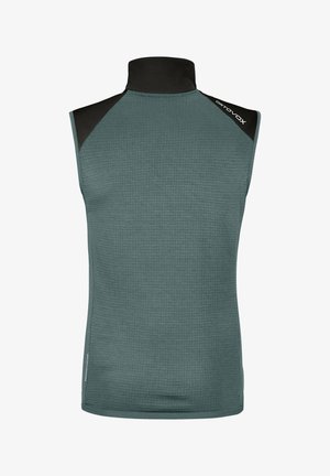 Sleeveless teal top with a high collar, made of textured fabric, featuring black shoulder accents and a logo on the right shoulder.