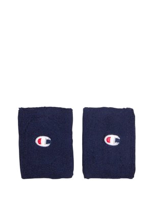 Coppia di polsini in spugna blu navy con loghi Champion ricamati in bianco, rosso e blu centrati su ogni fascia.