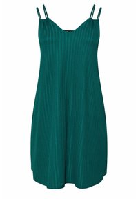 Tealfärgad, stickad sommardress med v-ringning, smala axelremmar och en flödande A-linjeformad silhuett. Texturerad tyg med vertikala ränder.