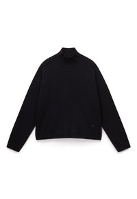 Pull noir à col roulé à manches longues avec bords côtelés et col à volants, posé à plat sur un fond blanc.