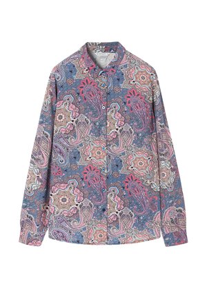 Chemise à manches longues présentant un motif paisley multicolore dans des teintes de bleu, rose et crème. Design à col et boutonnière à l'avant.