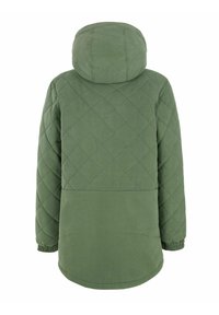 Giacca verde imbottita con cappuccio, caratterizzata da un motivo a rombi, orlo curvo e polsini elastici per una vestibilità sicura. Vista posteriore mostrata.