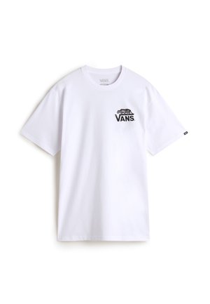 Bílý bavlněný tričko s černým logem Vans a grafickým designem na levé části hrudi. Krátké rukávy a kulatý výstřih.
