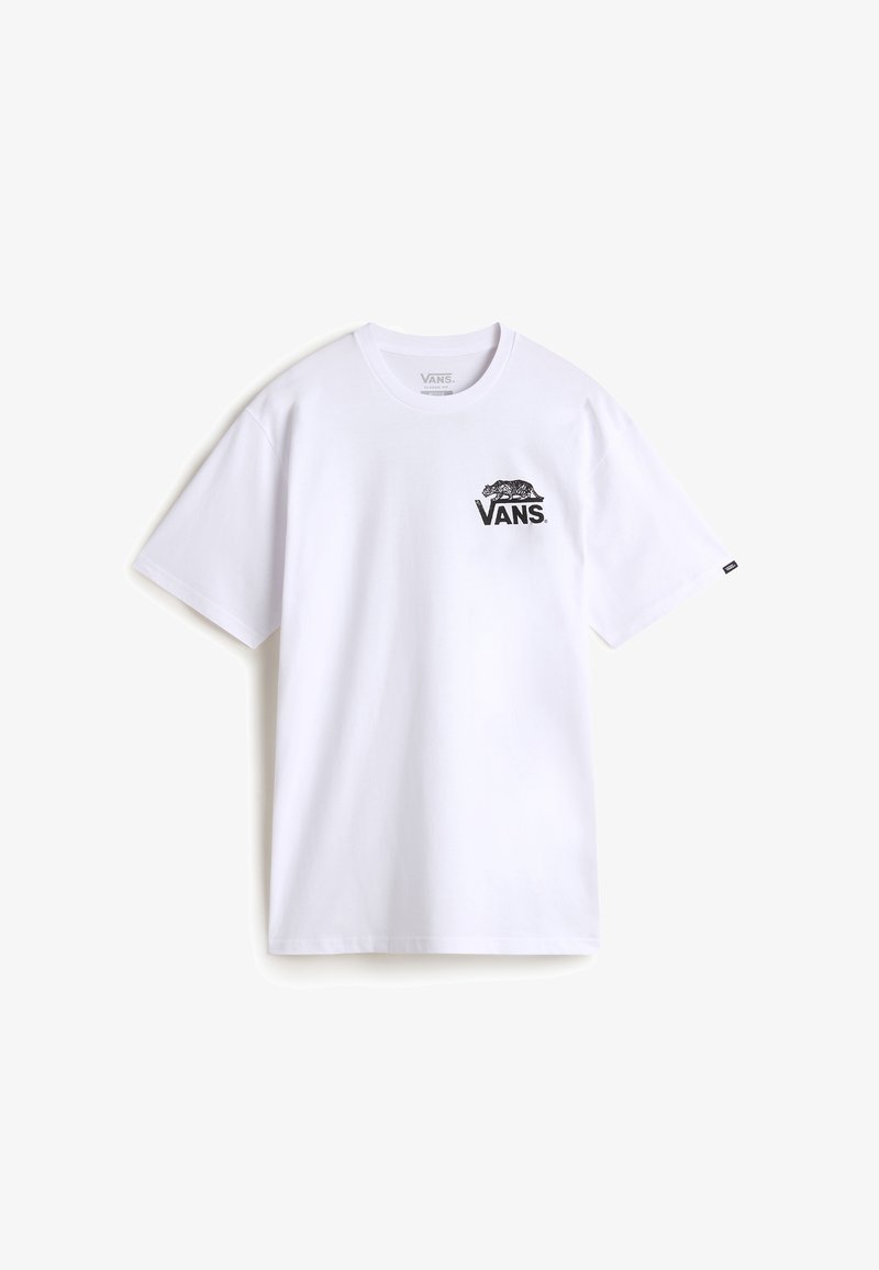 Bílý bavlněný tričko s černým logem Vans a grafickým designem na levé části hrudi. Krátké rukávy a kulatý výstřih.