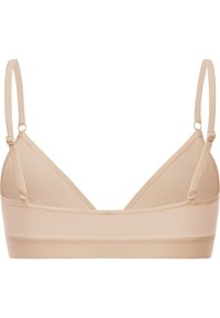 Beige katoenen bralette met verstelbare dunne bandjes, driehoekige cups en een zachte elastische band. Gladde textuur zonder zichtbare hardware of patronen.