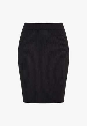 Schwarzer Ripprock mit figurbetontem Design. Hat einen breiten elastischen Bund und einen texturierten Stoff, der visuelles Interesse weckt.