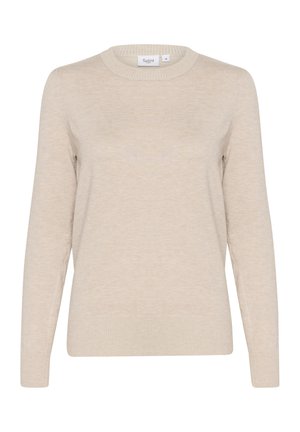 Beige knitted sweater with a round neckline, long sleeves, ribbed cuffs, and hem. Smooth texture with a subtle pattern. Label reads "Saint."