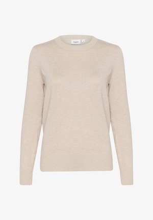 Beige knitted sweater with a round neckline, long sleeves, ribbed cuffs, and hem. Smooth texture with a subtle pattern. Label reads "Saint."