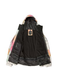 Multicolore waterdichte jas met een capuchon, zwarte fleece voering en meerdere binnenzakken. Bevat logo-tags en verstelbare mouwen.