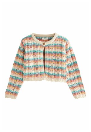 Cardigan tricoté pour enfant, court, à manches longues, avec des rayures horizontales multicolores et une fermeture à un seul bouton au col.