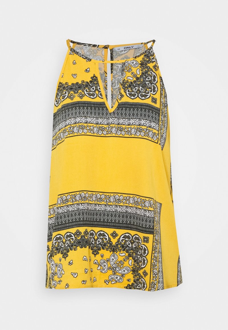 Top sans manches jaune avec un décolleté en V profond, motifs cachemire et floraux, accentué de rayures noires, fabriqué en tissu léger.