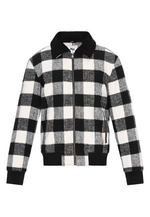 Fekete-fehér kockás dzseki, cipzáros elejével, kontrasztos fekete gallérral, bordázott mandzsettákkal és szegéllyel, struktúrált szőtt anyagból készült.