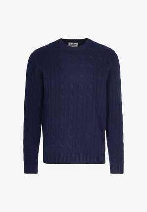 Maglione lavorato a maglia di colore blu navy con collo rotondo, maniche lunghe, motivo a trecce e polsini e fondo a costine.