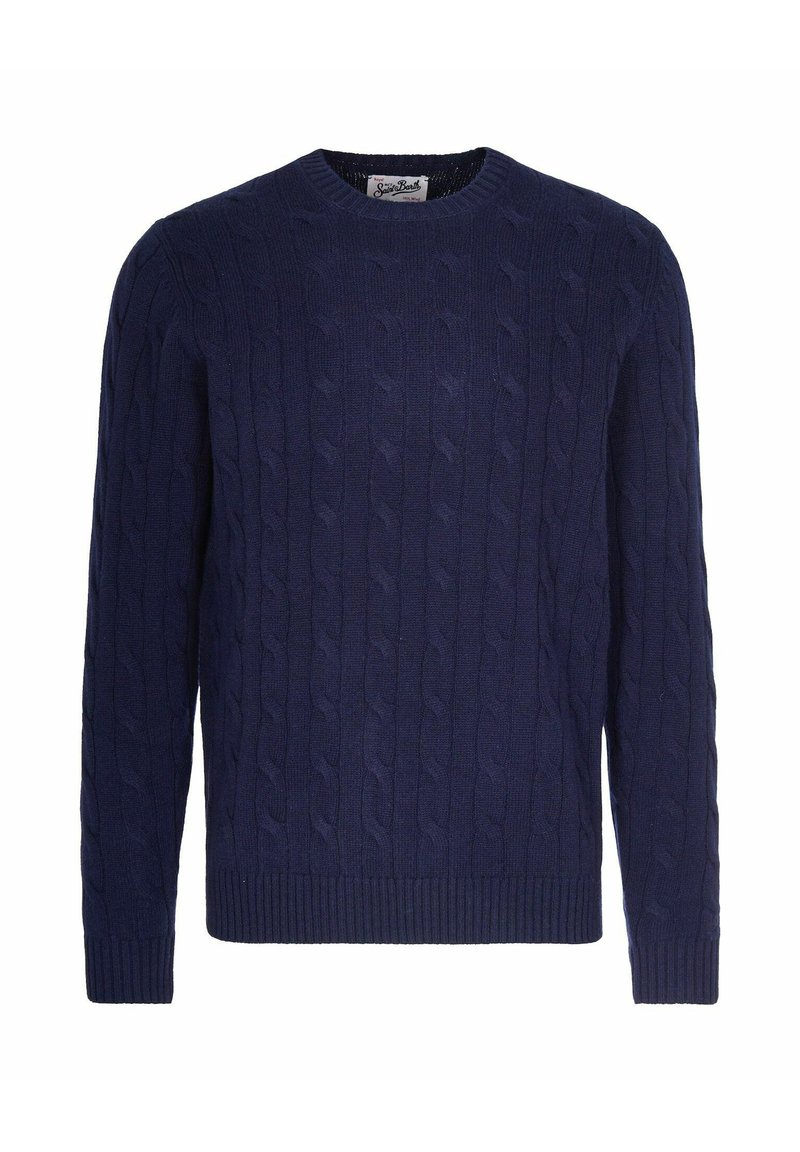 Pull torsadé en tricot bleu marine avec col rond, manches longues, motif texturé et bords-côtes aux poignets et à l'ourlet.