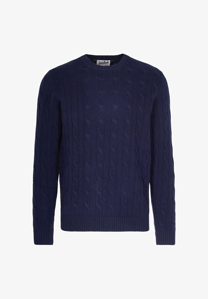 Pull torsadé en tricot bleu marine avec col rond, manches longues, motif texturé et bords-côtes aux poignets et à l'ourlet.