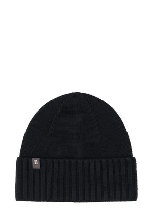Black knit beanie with a folded ribbed cuff, featuring a smooth texture and a small logo tag on the cuff. Simple, versatile design.