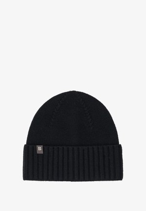 Black knit beanie with a folded ribbed cuff, featuring a smooth texture and a small logo tag on the cuff. Simple, versatile design.