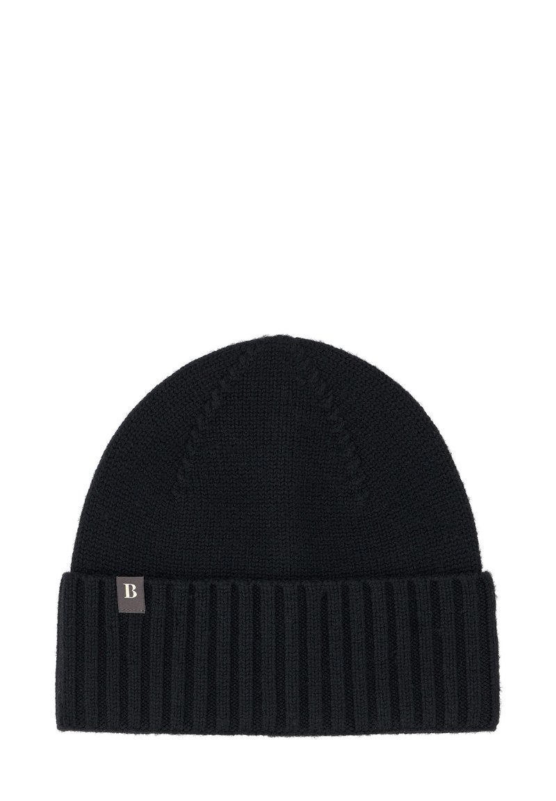 Čierna pletená čiapka s ohnutým rebrovaným okrajom, ktorá sa vyznačuje hladkou textúrou a malou logom na okraji. Jednoduchý, univerzálny dizajn.