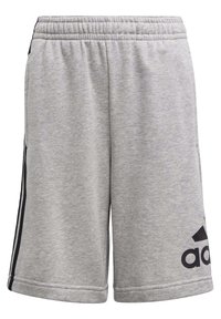 Pantalones cortos deportivos de color gris claro con cintura elástica y el logo negro de Adidas en la parte inferior de la pierna izquierda, así como franjas negras a los lados.