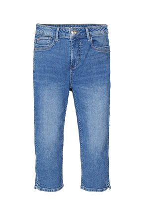 Pantalons capri en denim bleu clair. Design classique à cinq poches, avec une fermeture à bouton et fermeture éclair. Ourlet légèrement effiloché en bas.