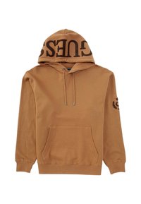 Felpa in cotone marrone con tasca a marsupio, cappuccio con cordino e grande logo "GUESS" sul cappuccio. Maniche lunghe con dettaglio del logo.