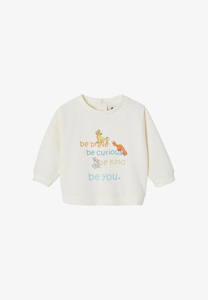 Cremefarbener Sweatshirt für Kleinkinder mit Figuren aus König der Löwen und dem Text: "Sei mutig, sei neugierig, sei freundlich, sei du selbst."