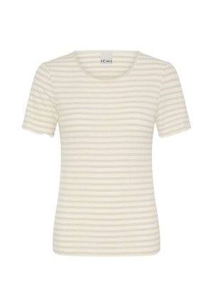 Lühikeste varrukatega beežvalge horisontaalsete triipudega naiste T-särk, ümmarguse kaelusega ja keha järgiva lõikega.