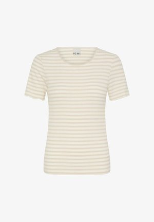 Lühikeste varrukatega beežvalge horisontaalsete triipudega naiste T-särk, ümmarguse kaelusega ja keha järgiva lõikega.