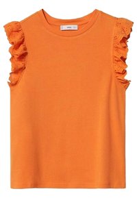 Haut en coton orange avec manches en dentelle volantée. Le modèle présente un col rond classique et un ourlet droit avec une texture lisse.