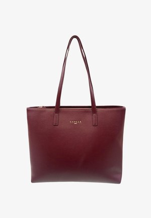 Borsa tote in pelle di un rosso scuro con due lunghe cinghie e un piccolo logo dorato "GAËLLE PARIS" posizionato al centro, vicino alla parte superiore.