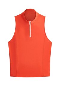 Haut de sport sans manches de couleur orange vif avec une demi-fermeture éclair blanche à l'avant et un col intérieur perforé pour la ventilation.