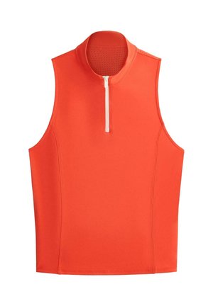 Bez rukávov jasne oranžový športový top s bielym polovičným zipsom vpredu a perforovaným vnútorným golierom pre ventiláciu.