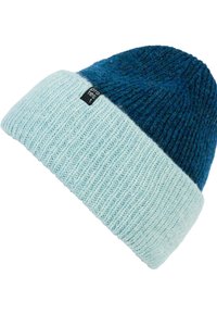 Berretto a maglia bicolore con una corona blu scuro e un risvolto blu chiaro, con un piccolo etichetta nera del marchio.