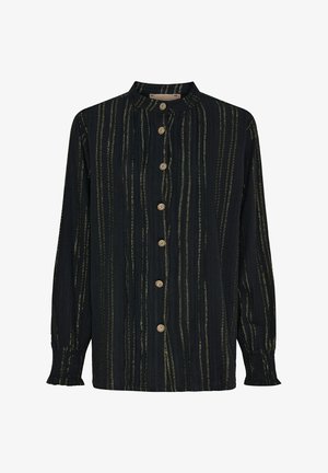 Langærmet sort skjorte med gyldne lodrette striber, en mandarinkrave og syv dekorative knapper foran. Letvægtsmateriale.