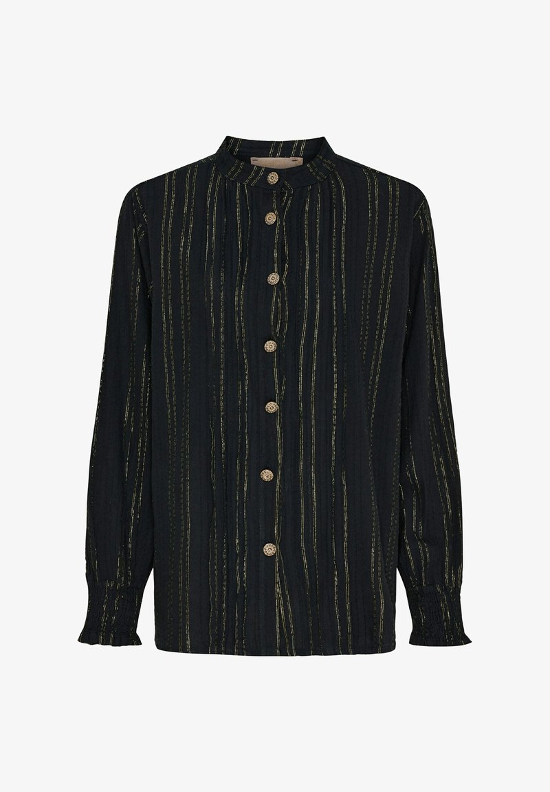 Langærmet sort skjorte med gyldne lodrette striber, en mandarinkrave og syv dekorative knapper foran. Letvægtsmateriale.